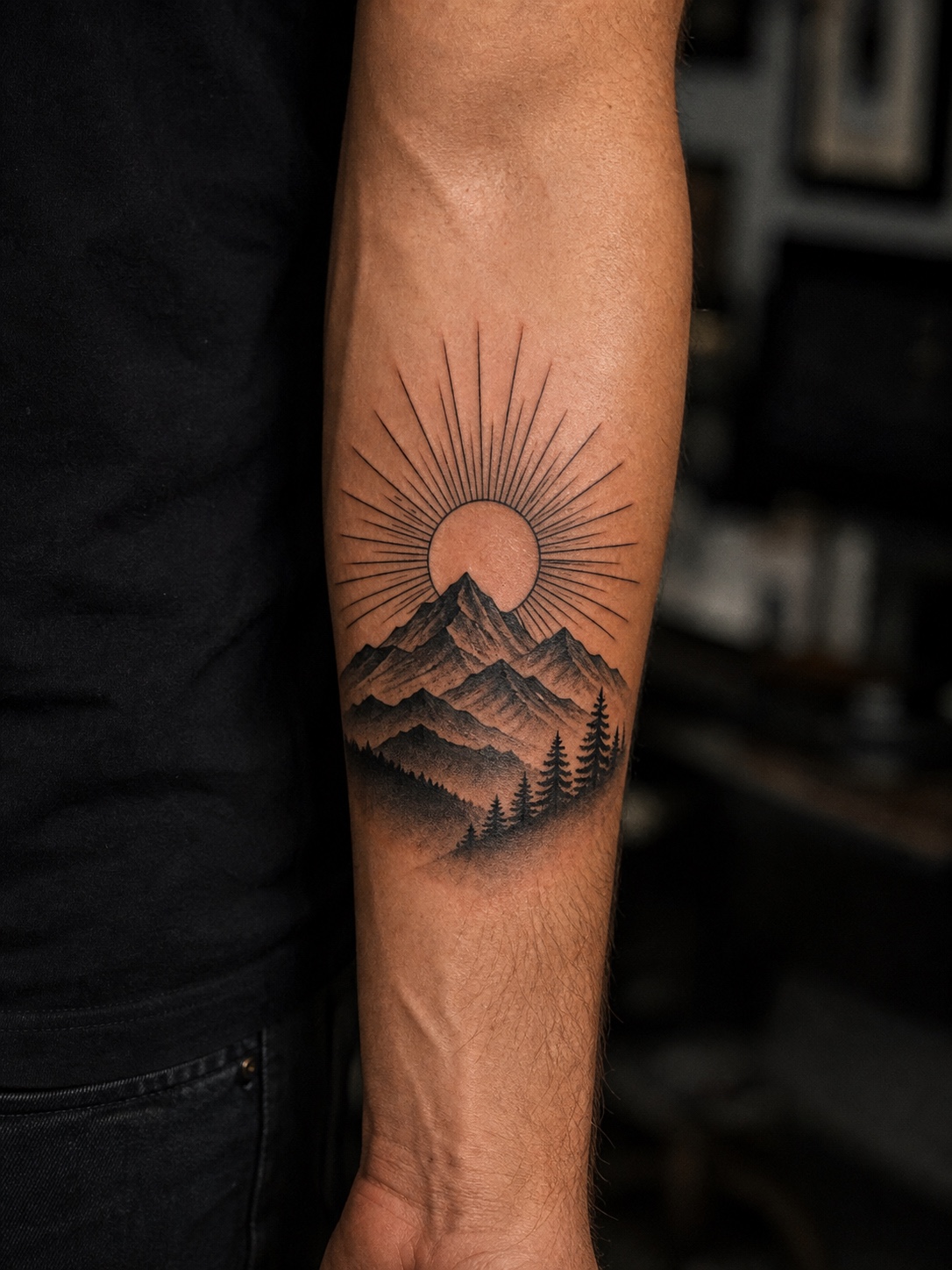 Medium blackwork sunrise and mountain tattoo on an outer forearm.