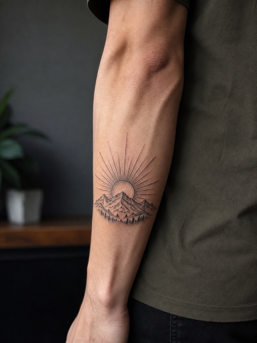 Medium mountain sunrise tattoo on an outer forearm.