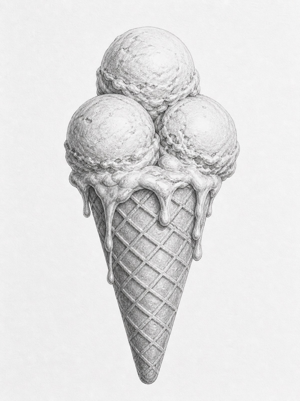 Melting ice cream cone drips drawing Pencil drawing of a melting ice cream cone with drips running over scoops and waffle texture | Sky Rye Design Pencil drawing of a melting ice cream cone with drips running over scoops and waffle texture