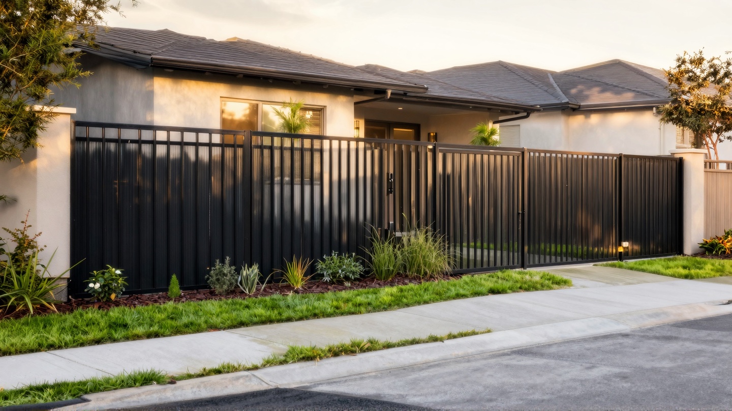 Metal fencing as a curb appeal and security investment Black metal fence beside a landscaped front yard and modern home at golden hour | Sky Rye Design Black metal fence beside a landscaped front yard and modern home at golden hour