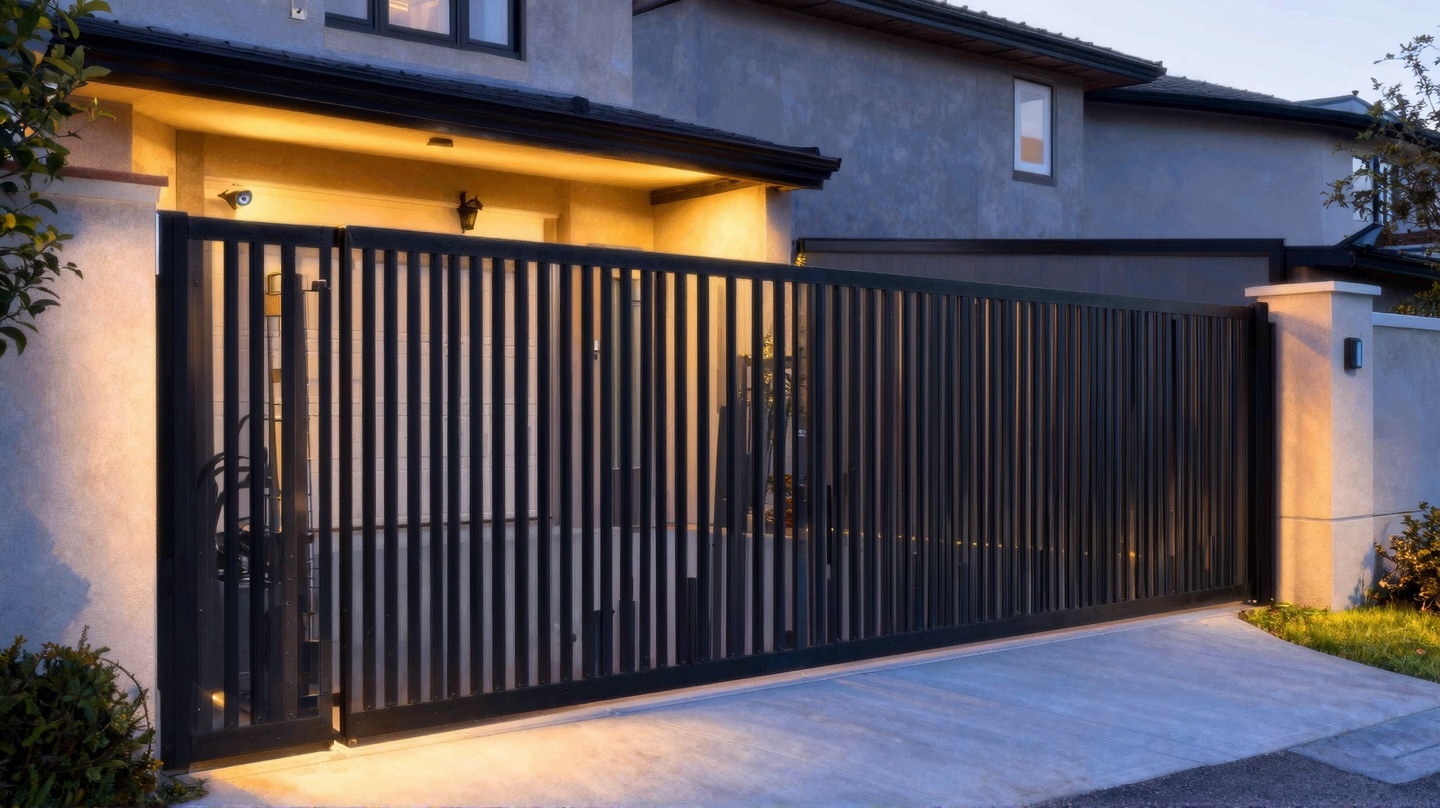 Modern metal fencing for home security at dusk Modern black metal fence with warm entry lighting and a subtle home security camera | Sky Rye Design Modern black metal fence with warm entry lighting and a subtle home security camera