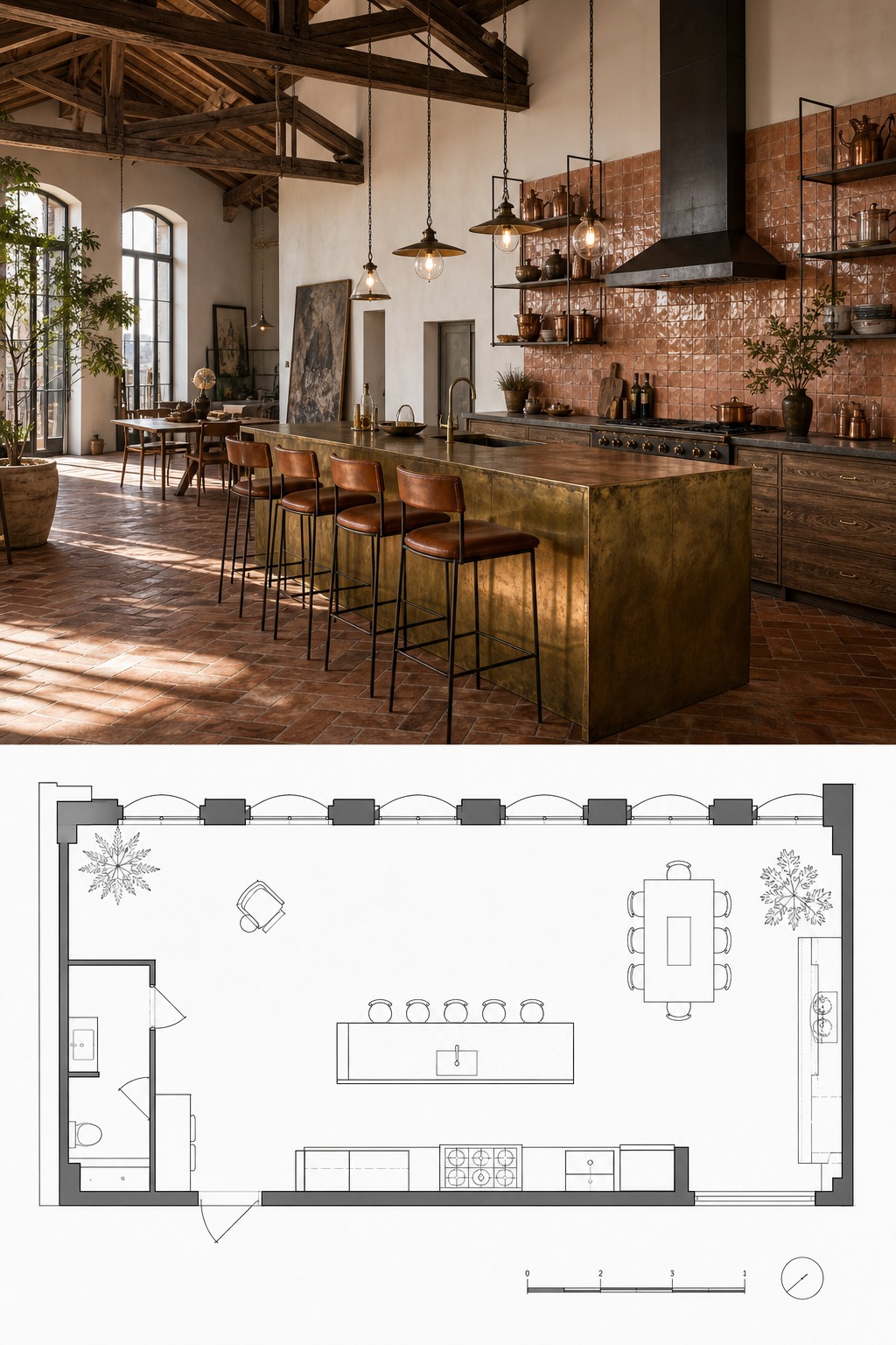 Split-panel reference of a Miami loft kitchen with glowing onyx island above a floor plan.