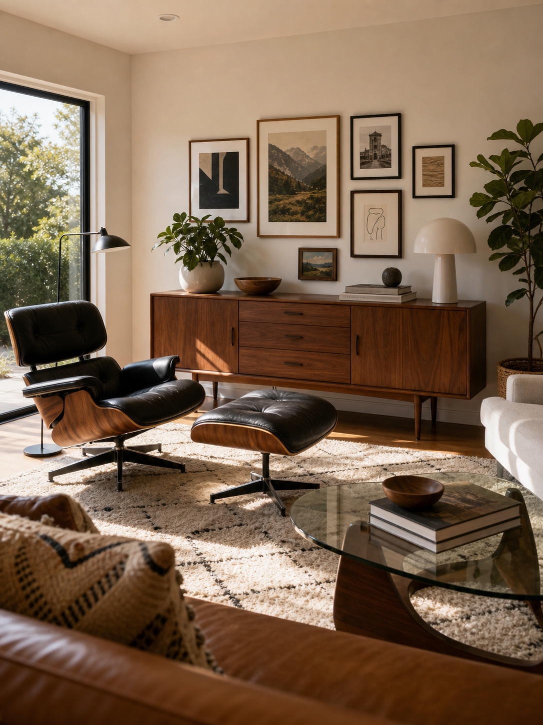 Mid-century modern living room with walnut furniture, lounge chair, wool rug, and framed art.