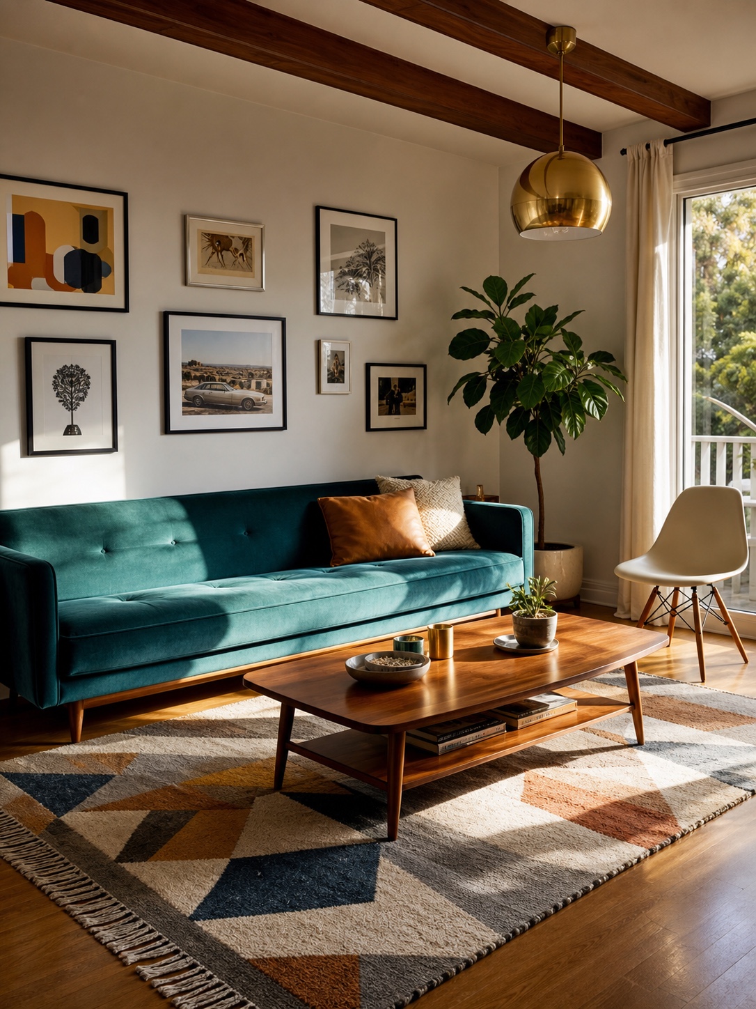 Mid-century modern living room with a low teal sofa, geometric rug, side chair, and brass pendant.