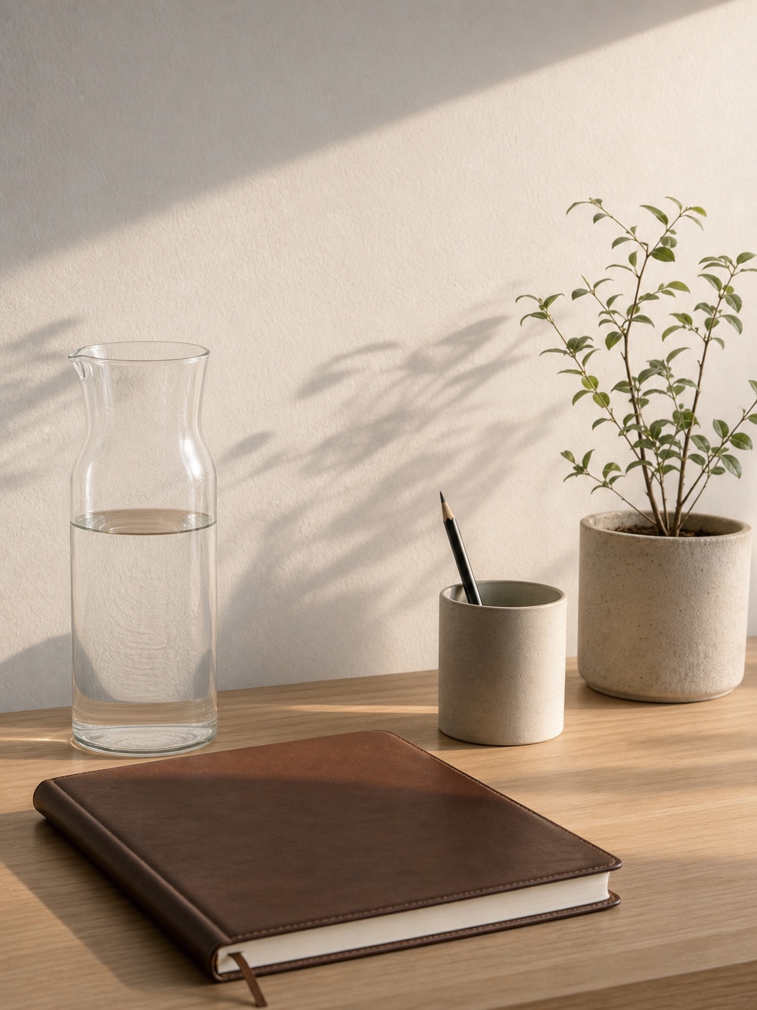 A minimalist design studio desk with a tall glass carafe, sketchbook, pencil cup, and plant.