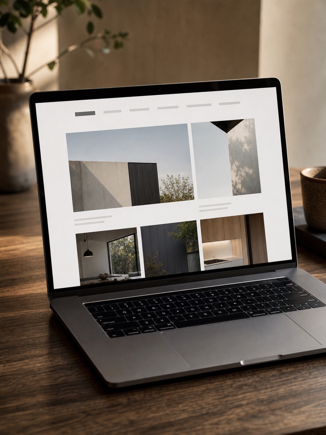 Minimal portfolio website on a laptop screen with a clean white layout, large project imagery, and quiet navigation.