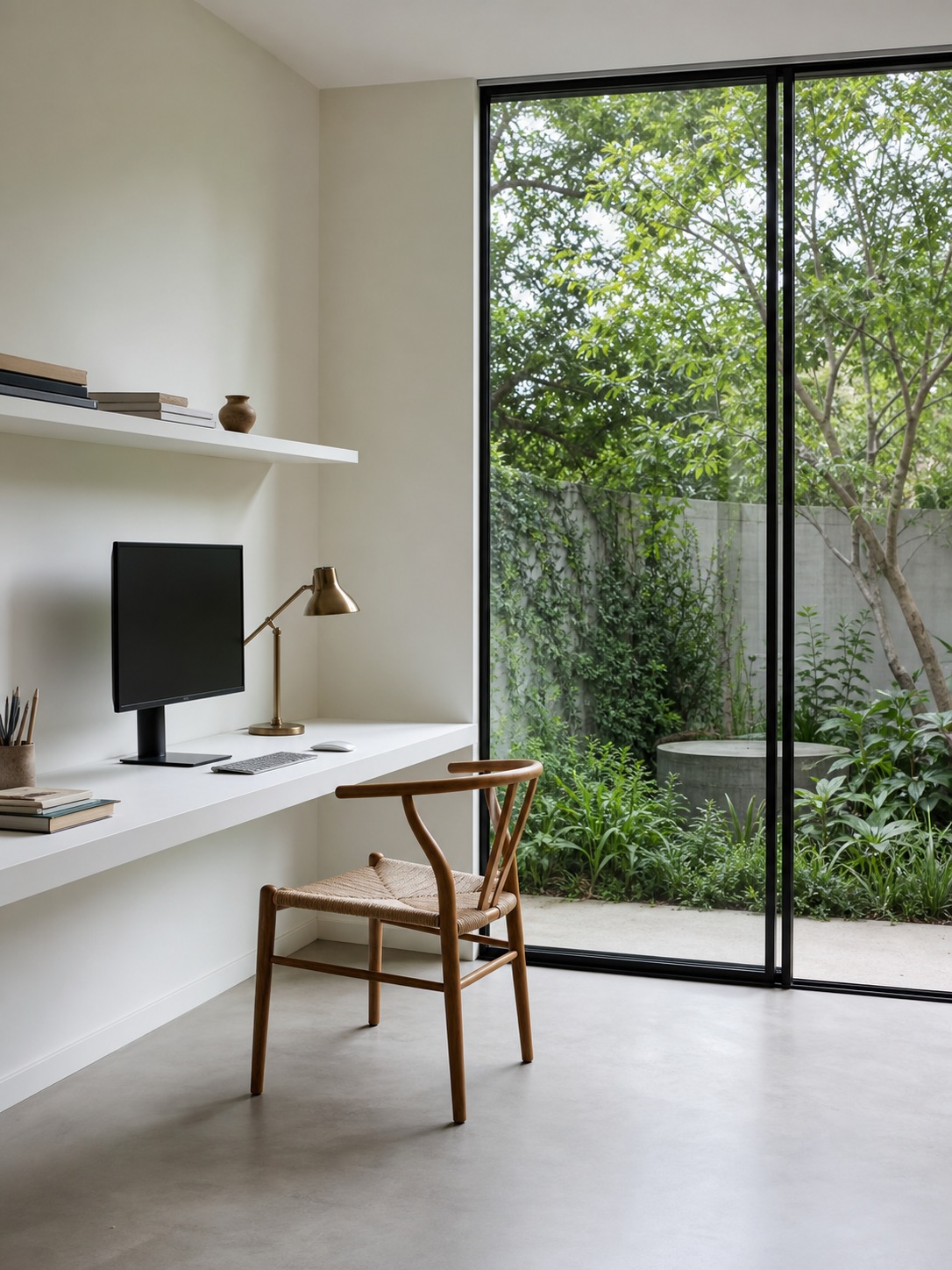 Minimalist home office render with built-in white desk, brass task lamp, garden view, and micro-cement floor.