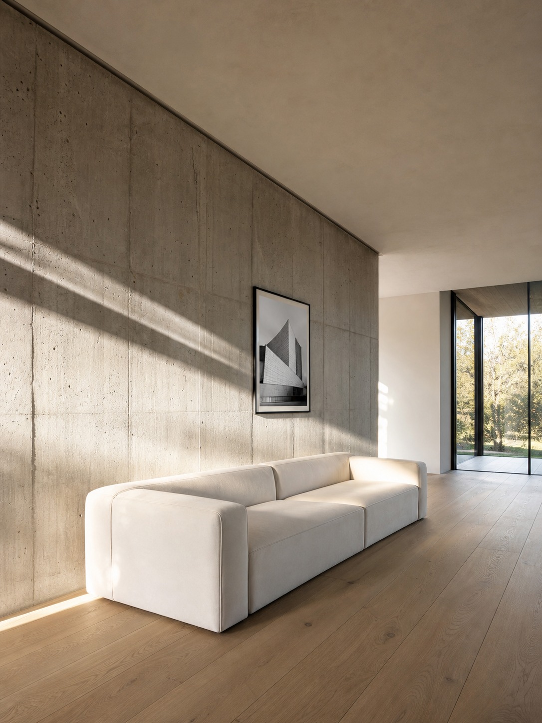 Minimalist living room render with concrete wall, pale oak flooring, white sofa, and afternoon side light.