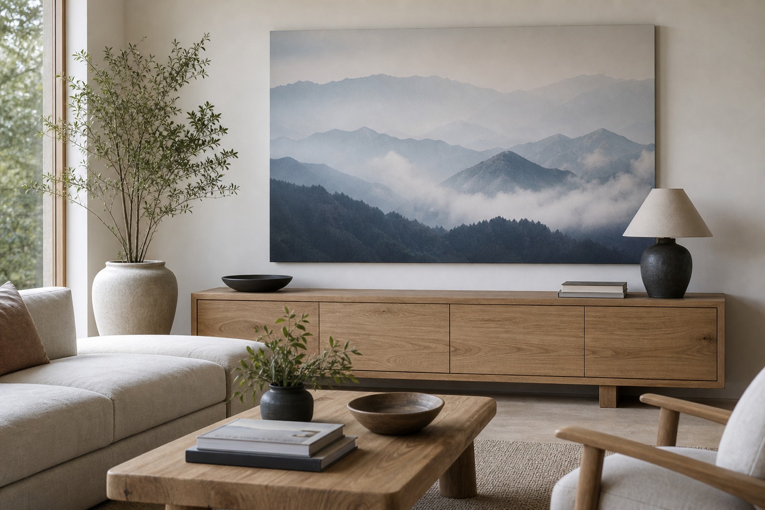 Large misty mountain landscape canvas above light oak furniture in a living room.