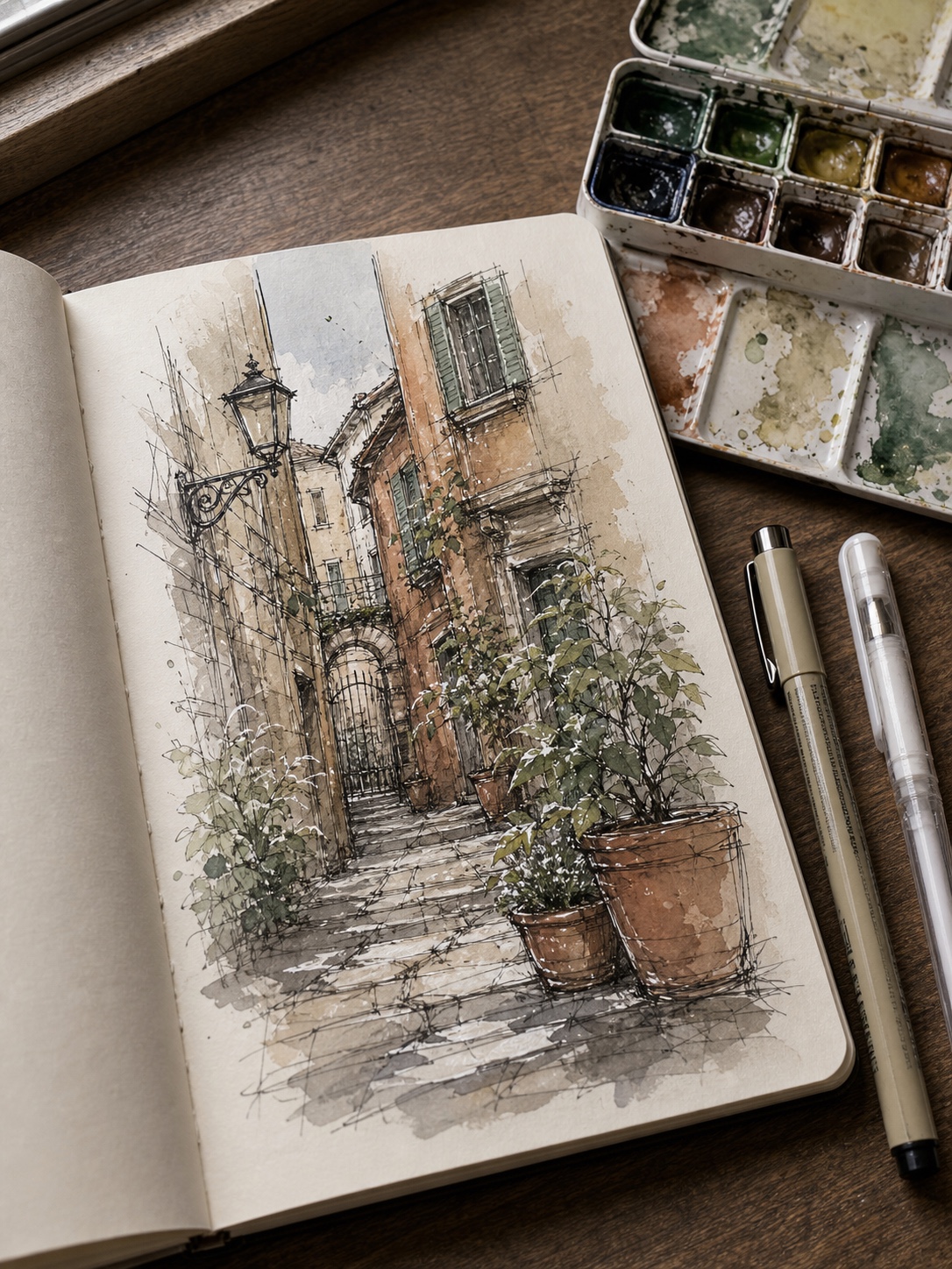 Sketchbook page with ink line work, watercolor wash, and white gel pen highlights.