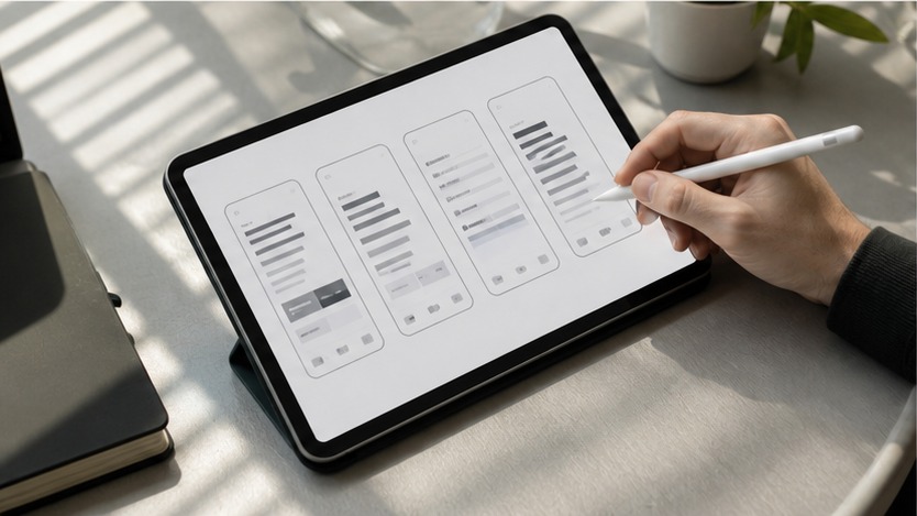 Mobile UI Typography Spacing Review Hand using a stylus to review mobile UI wireframes with typography hierarchy and spacing patterns. | Sky Rye Design Hand using a stylus to review mobile UI wireframes with typography hierarchy and spacing patterns.
