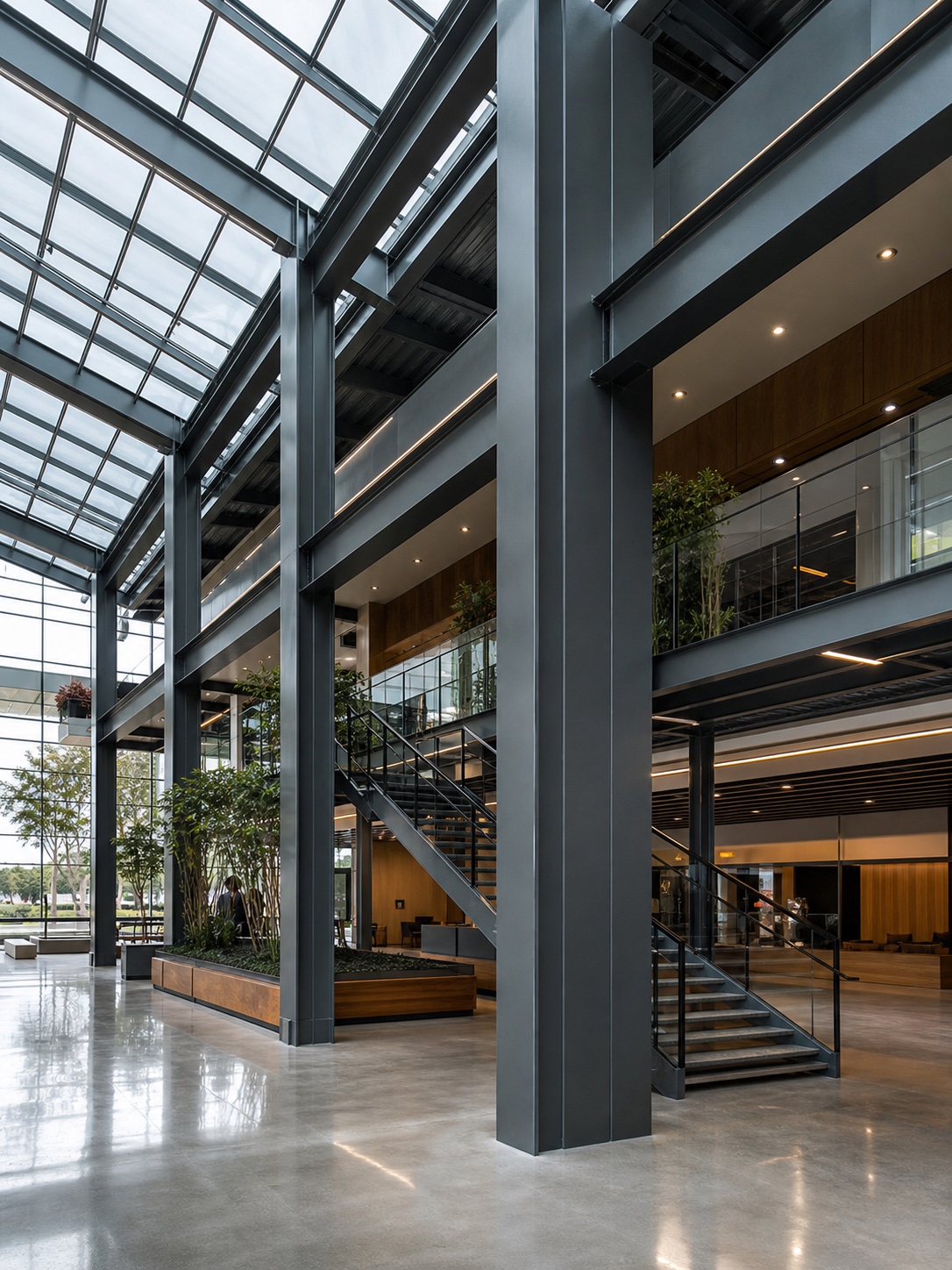 Modern Atrium Coated Structural Steel Modern atrium with coated structural steel columns and beams integrated into the architecture. | Sky Rye Design Modern atrium with coated structural steel columns and beams integrated into the architecture.