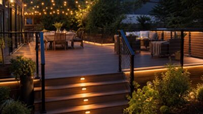 Modern backyard deck at dusk with step lights, under-rail glow, string lights, and a dining area.
