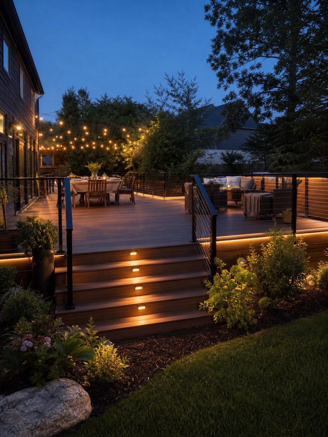 Modern backyard deck with layered warm lighting Modern backyard deck at dusk with step lights, under-rail glow, string lights, and a dining area. | Sky Rye Design Modern backyard deck at dusk with step lights, under-rail glow, string lights, and a dining area.