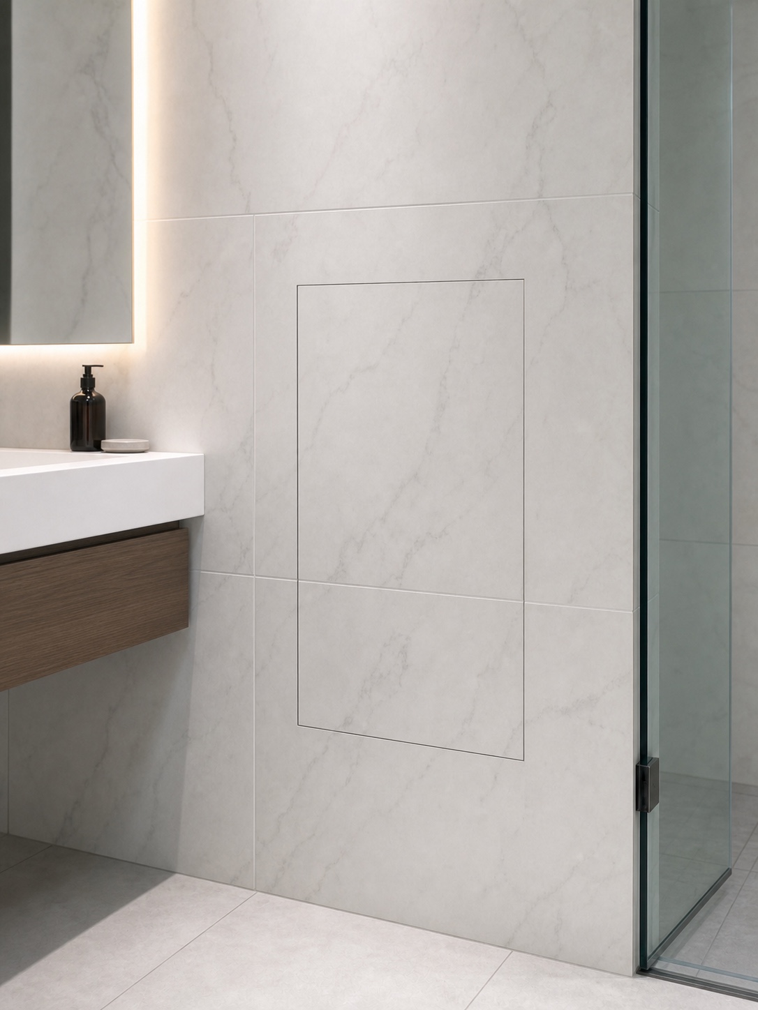A nearly invisible flush access panel outlined by fine grout lines in a modern white-tiled bathroom.