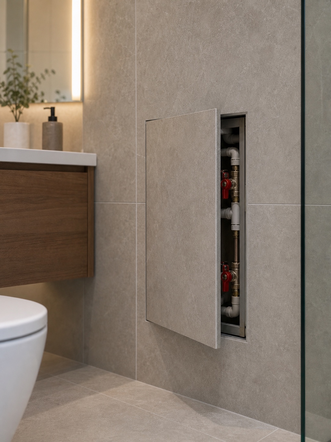 A modern bathroom with a tile-faced hidden access hatch opened to reveal service valves and plumbing behind the wall.