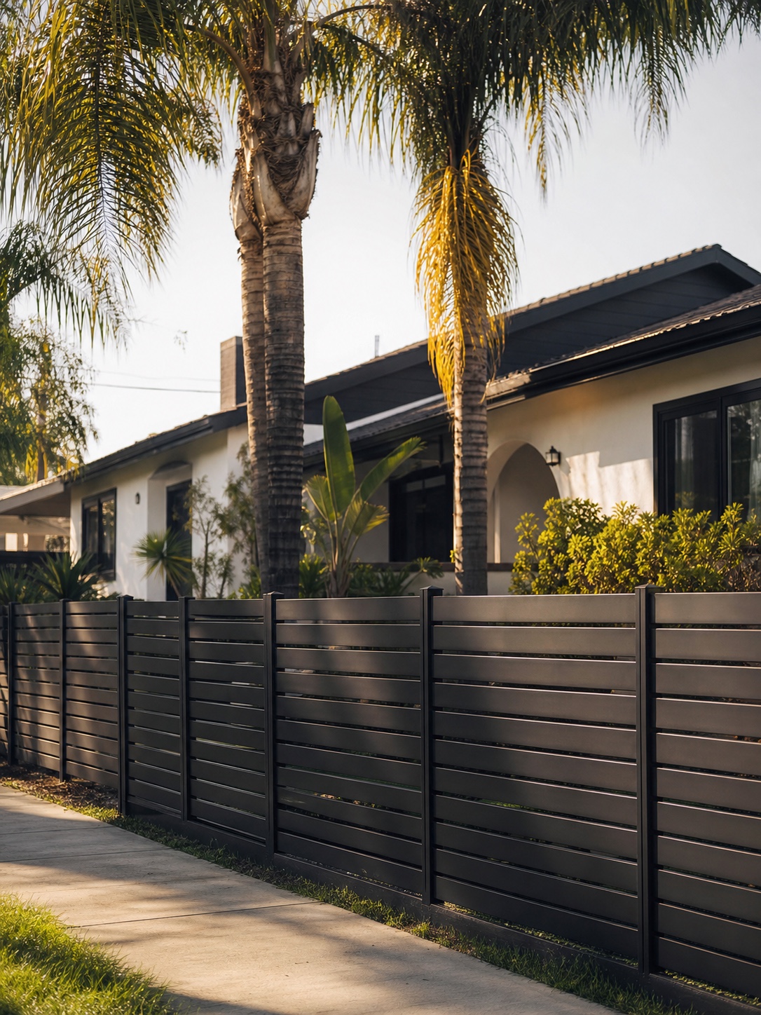 Modern black aluminum fence with horizontal slats in front of a Van Nuys home