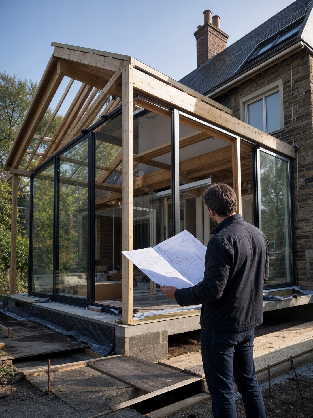 Modern home addition under construction with timber framing, glass installation, and an architect reviewing plans on site.