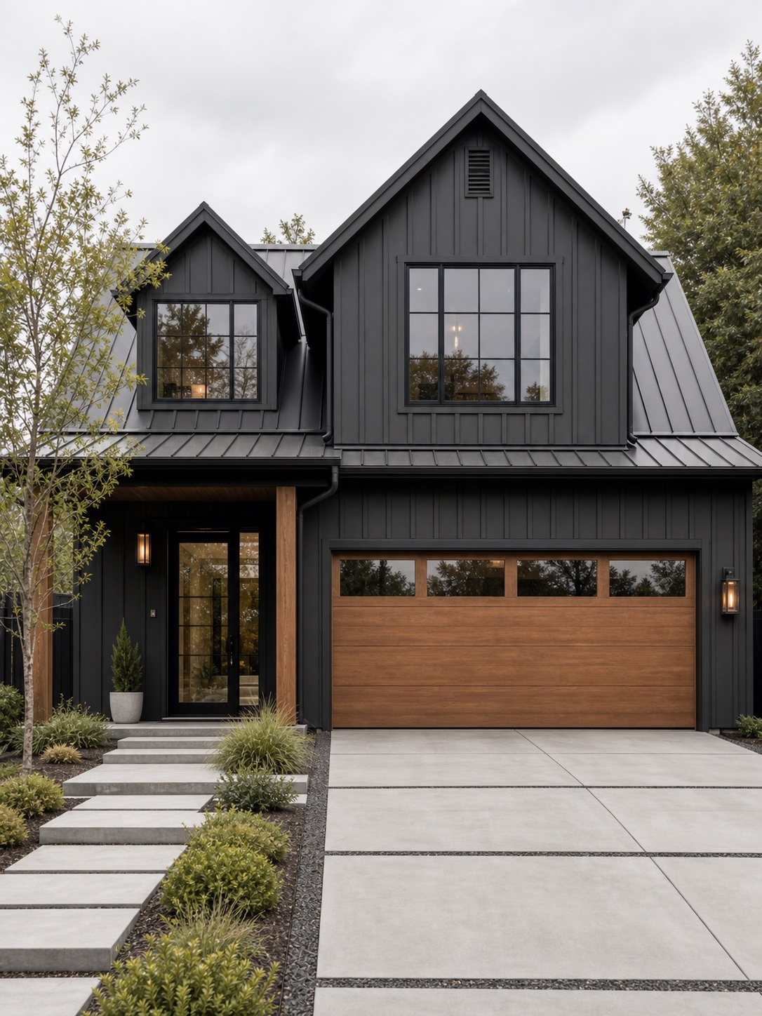 Modern Home Dark Siding Contemporary two-story home with charcoal board-and-batten siding, black-framed windows, and a natural wood garage door. | Sky Rye Design Contemporary two-story home with charcoal board-and-batten siding, black-framed windows, and a natural wood garage door.