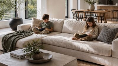 Bright modern minimalist family living room with children reading on a low linen sofa beside large windows.