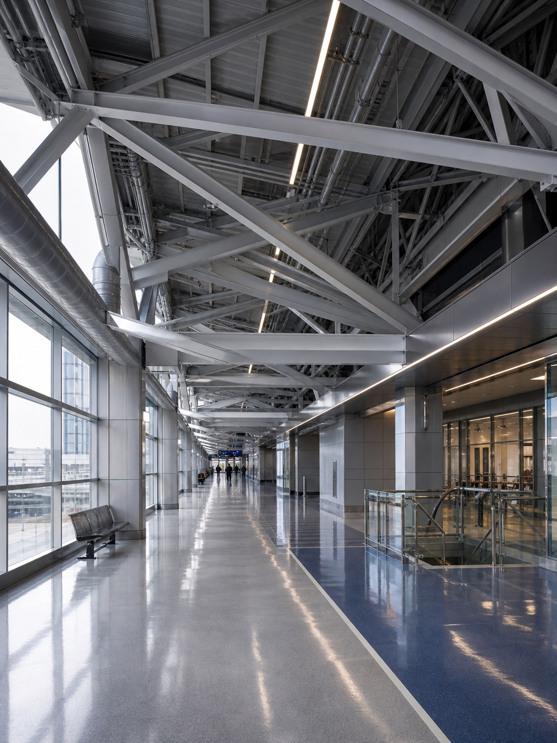 Modern Transit Concourse Coated Steel Trusses Modern transit concourse with coated steel roof trusses and high-performance epoxy floor zones. | Sky Rye Design Modern transit concourse with coated steel roof trusses and high-performance epoxy floor zones.