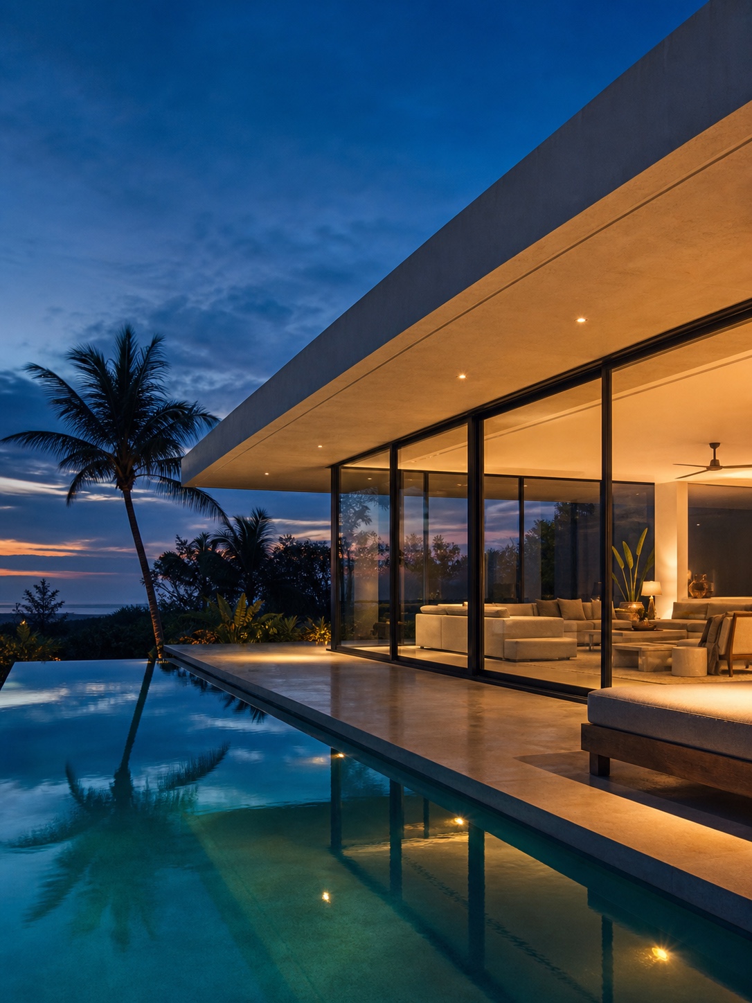 A finished tropical villa at dusk with warm interior light, deep roof overhangs, full-height glass, and a pool reflection.