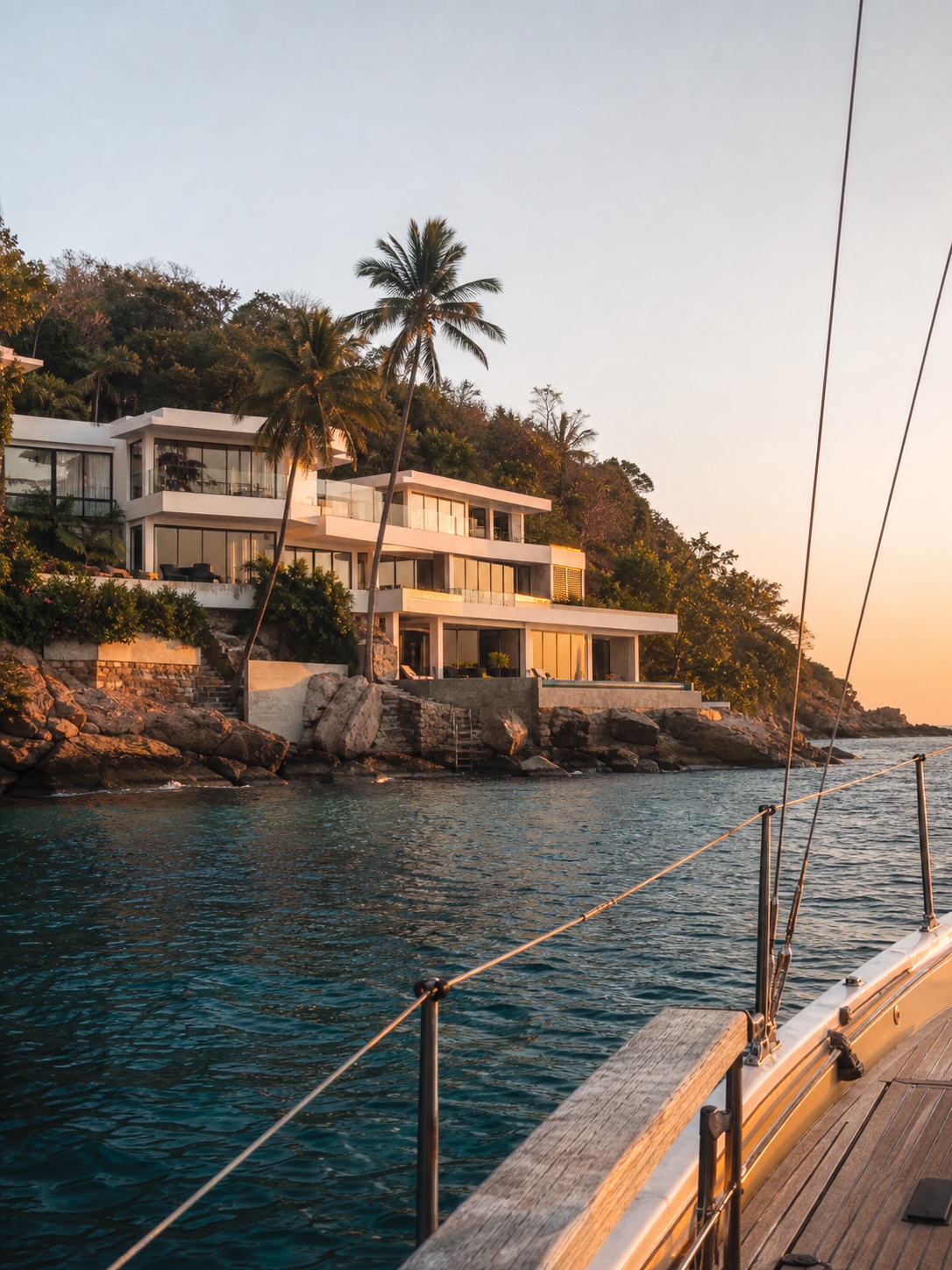 A modern tropical villa seen from offshore at golden hour, with rooflines, white concrete, glass, and coastline in view.