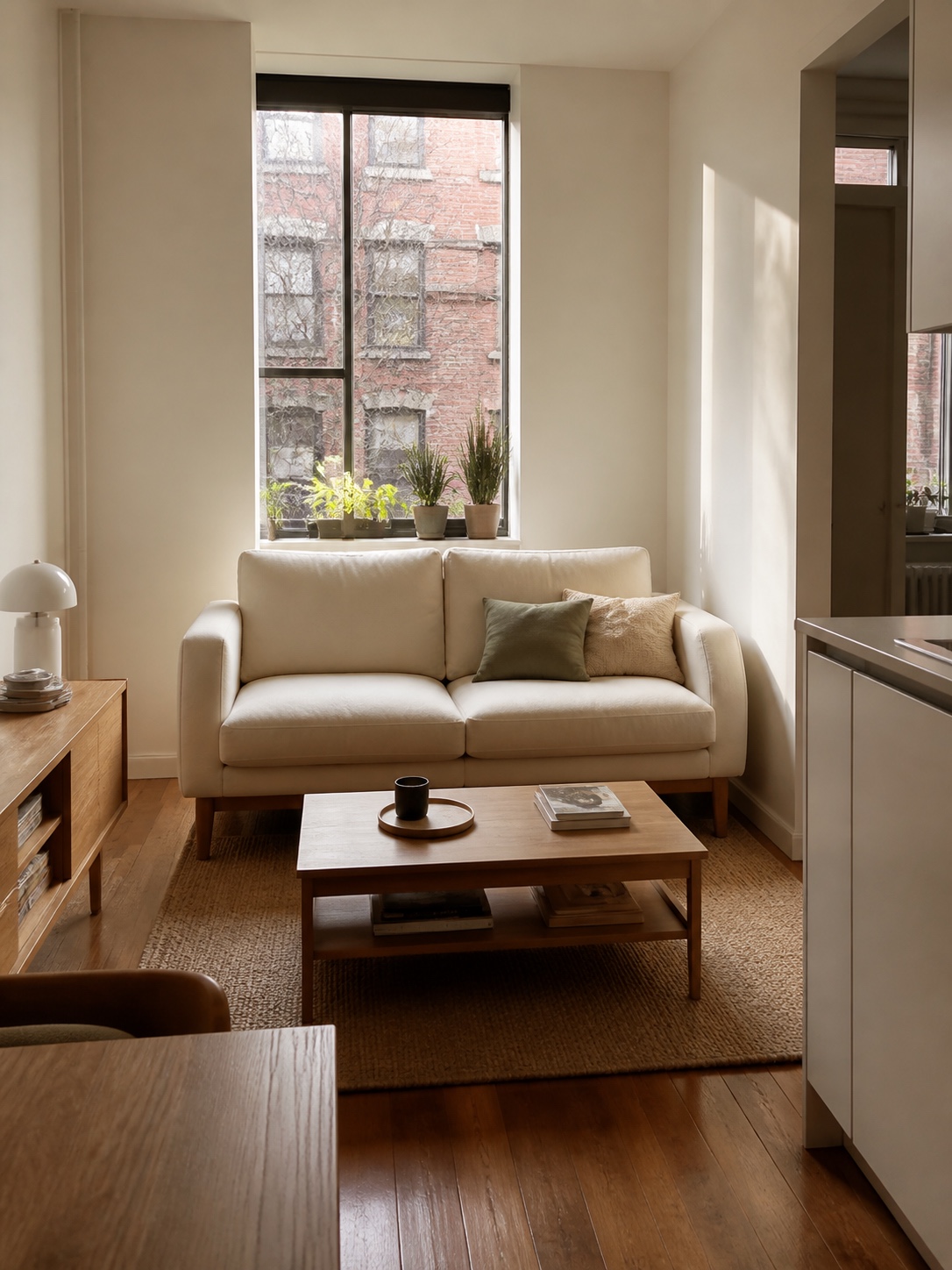 Modular sofa compact configuration small room Compact cream modular sofa in a small apartment living room with clear walkways. | Sky Rye Design Compact cream modular sofa in a small apartment living room with clear walkways.