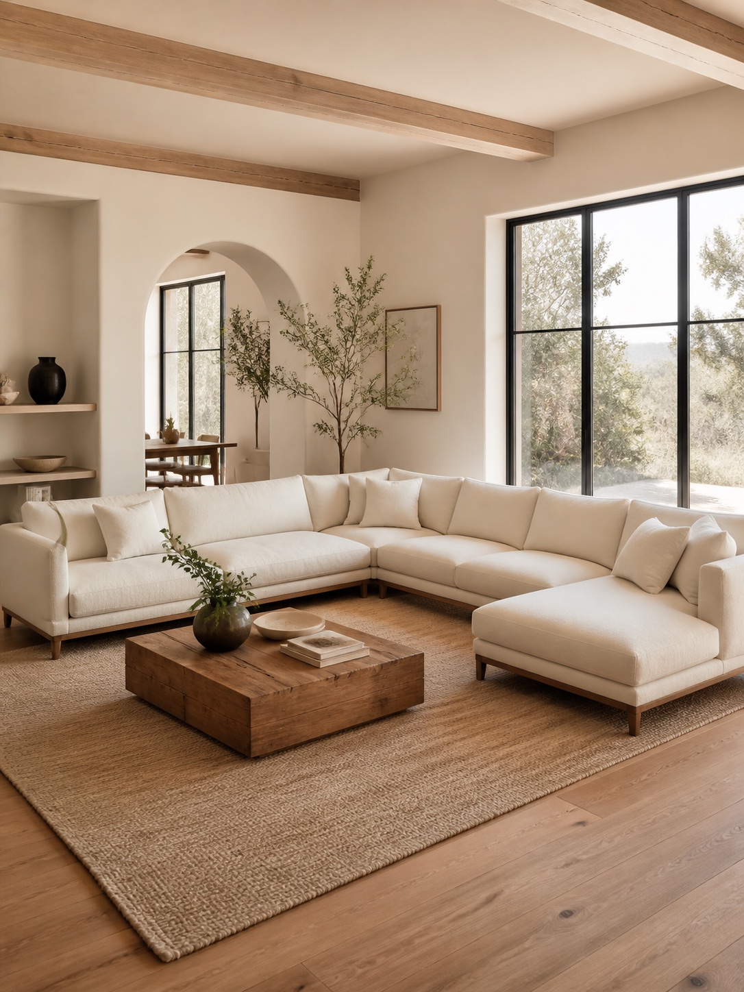 Modular sofa expanded configuration larger room Modular sofa expanded into an L-shaped layout in a larger living room. | Sky Rye Design Modular sofa expanded into an L-shaped layout in a larger living room.