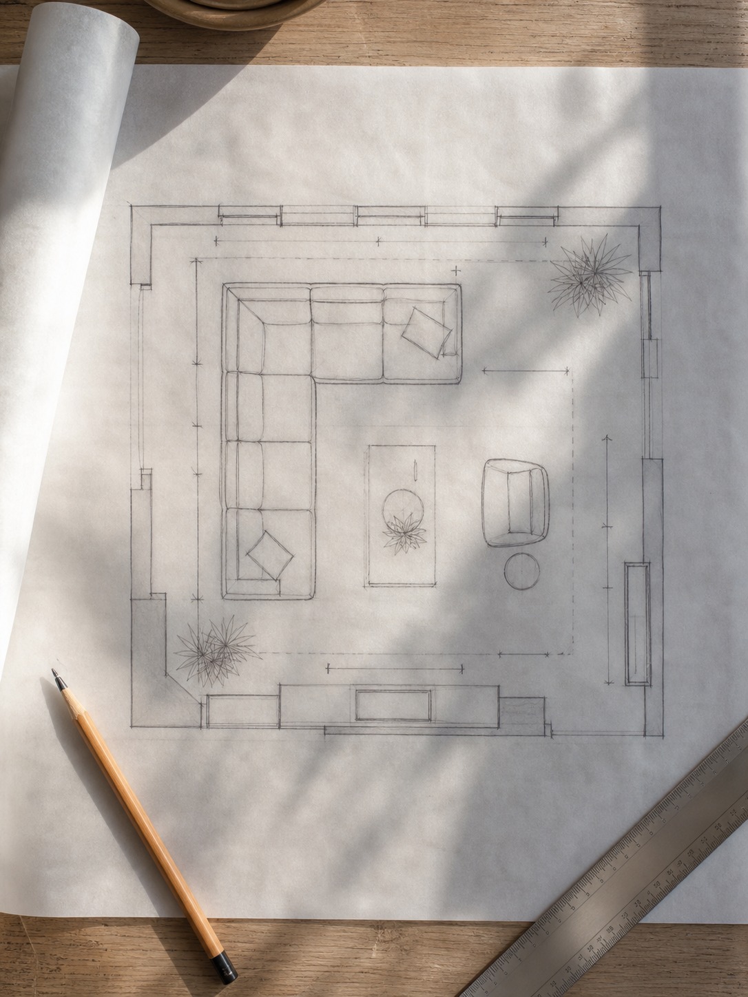 Tracing paper floor plan with a modular sofa layout sketched to scale and walkway dimensions marked.