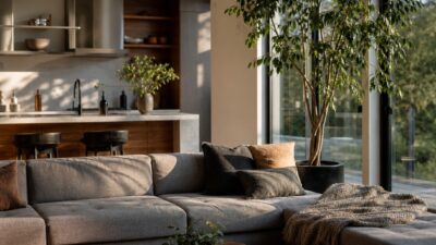 Grey modular sectional sofa in an open-plan living room with a walnut coffee table and afternoon light.