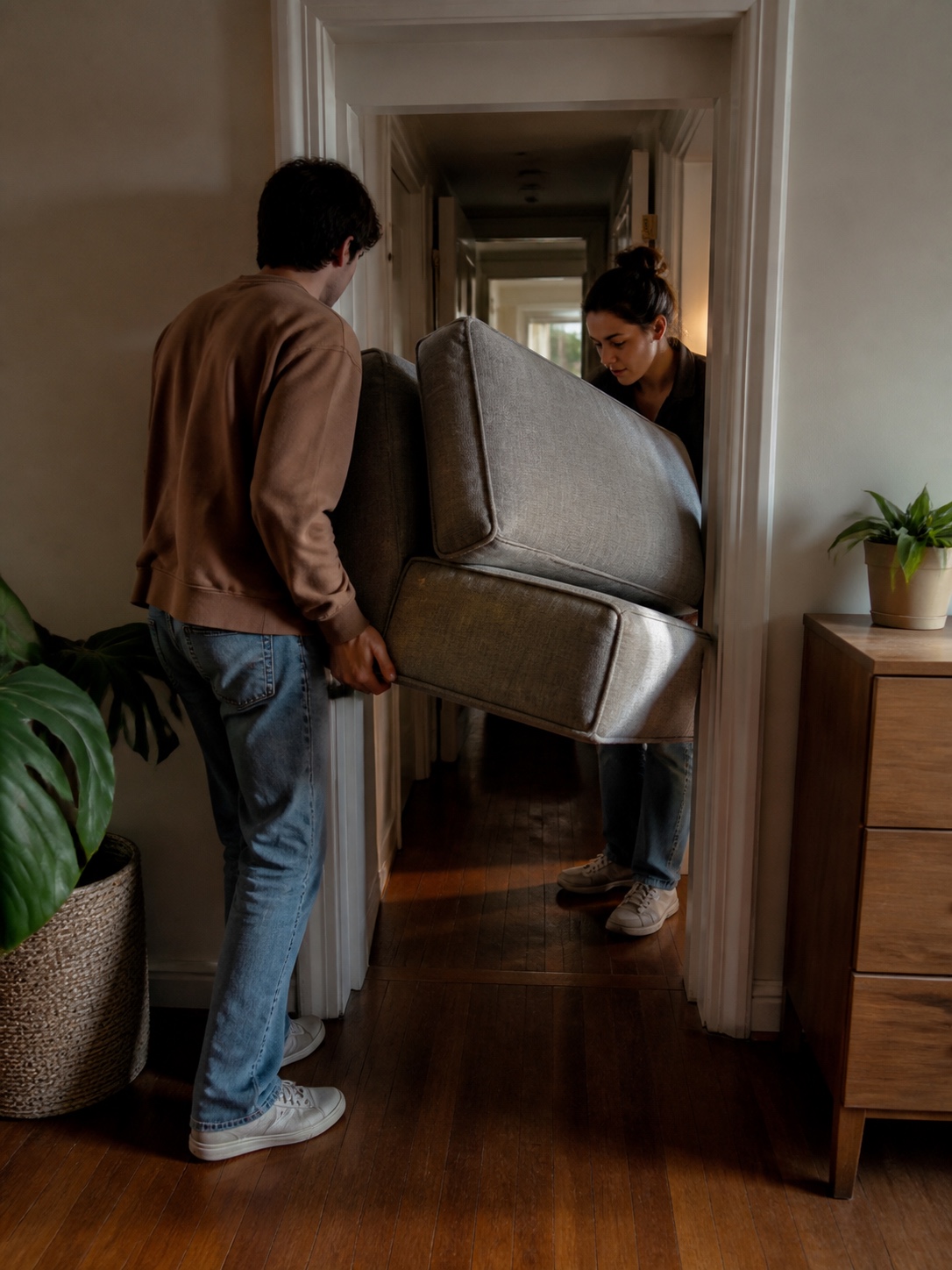 Modular sofa pieces moving through narrow doorway Two people carrying a modular sofa section through a narrow apartment doorway. | Sky Rye Design Two people carrying a modular sofa section through a narrow apartment doorway.