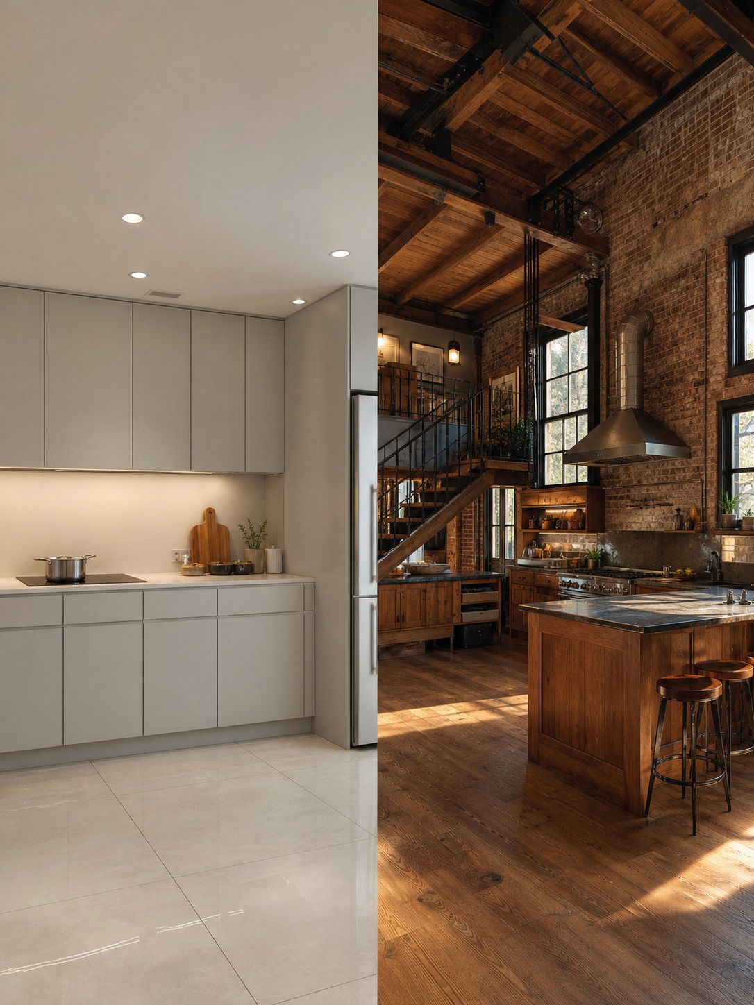 Side-by-side comparison of a standard modular kitchen and a bespoke loft kitchen with high ceilings.