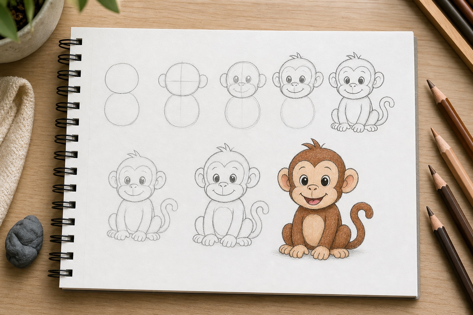 Cartoon monkey drawing step-by-step for kids Step-by-step cartoon monkey drawing on a sketchbook page, showing simple shapes, pencil guidelines, and a finished colored monkey for beginners. | Sky Rye Design Step-by-step cartoon monkey drawing on a sketchbook page, showing simple shapes, pencil guidelines, and a finished colored monkey for beginners.