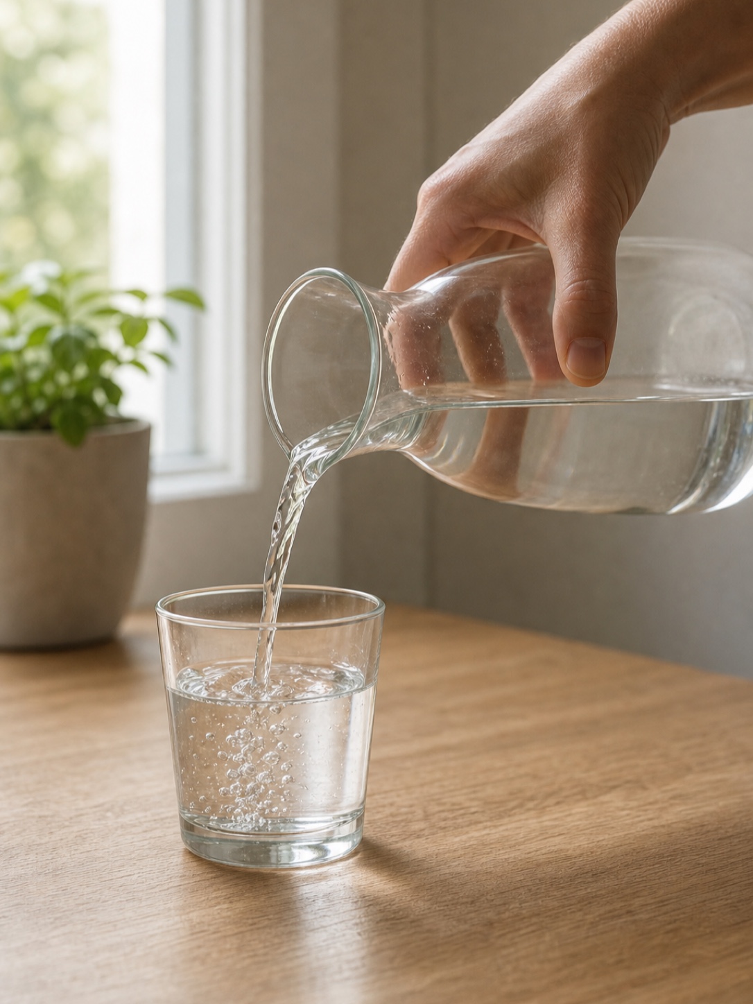 A hand pouring water from a glass carafe into a clear glass on a wooden surface.