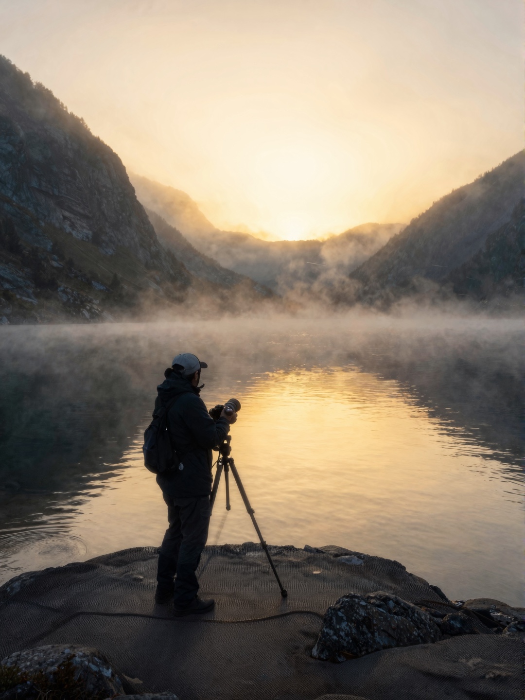 Mountain Lake Sunrise Photographer Landscape photographer using a tripod at a mountain lake during golden sunrise reflections | Sky Rye Design Landscape photographer using a tripod at a mountain lake during golden sunrise reflections