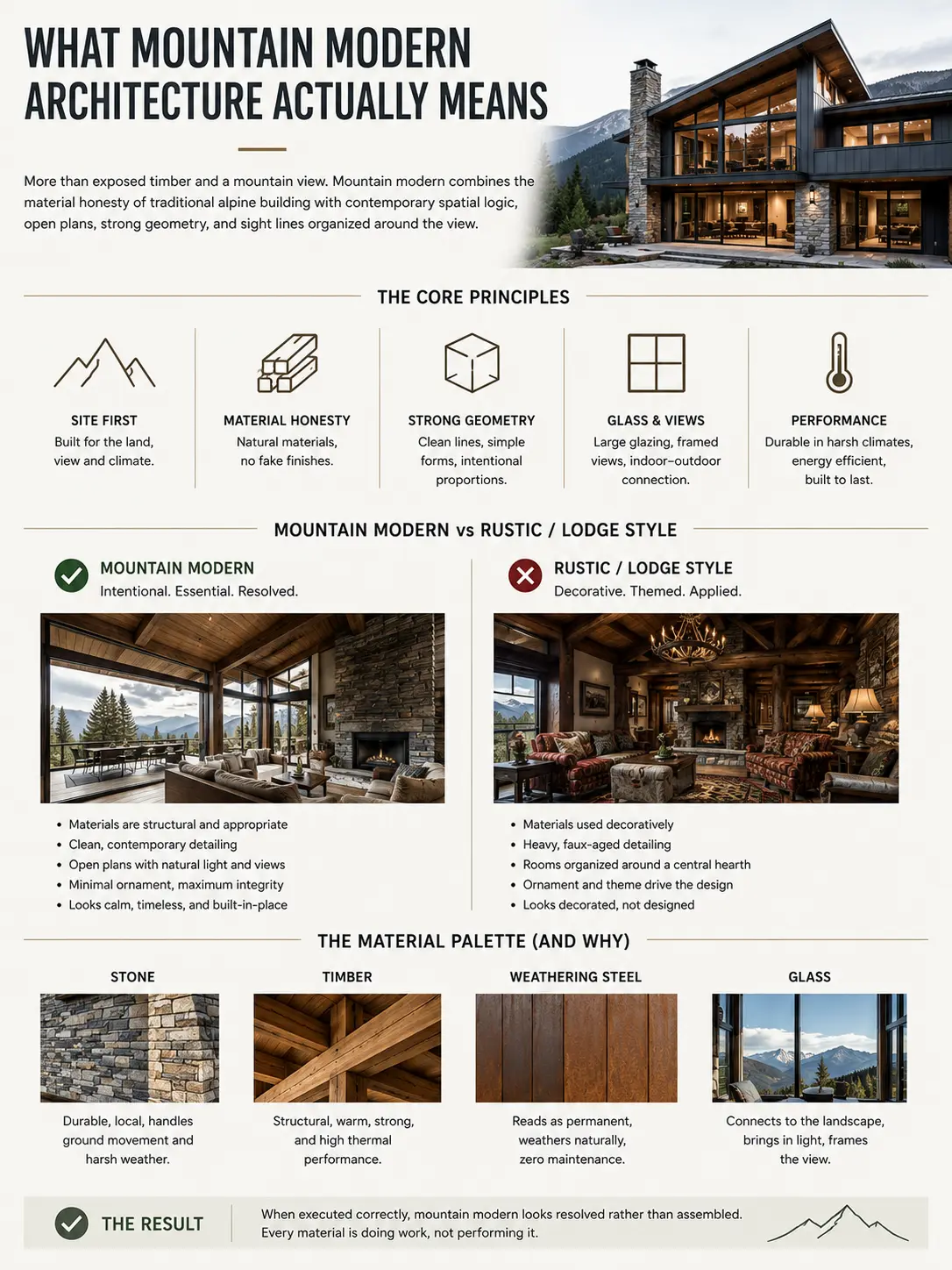 Mountain modern architecture infographic: core principles, modern vs rustic comparison, material palette and examples