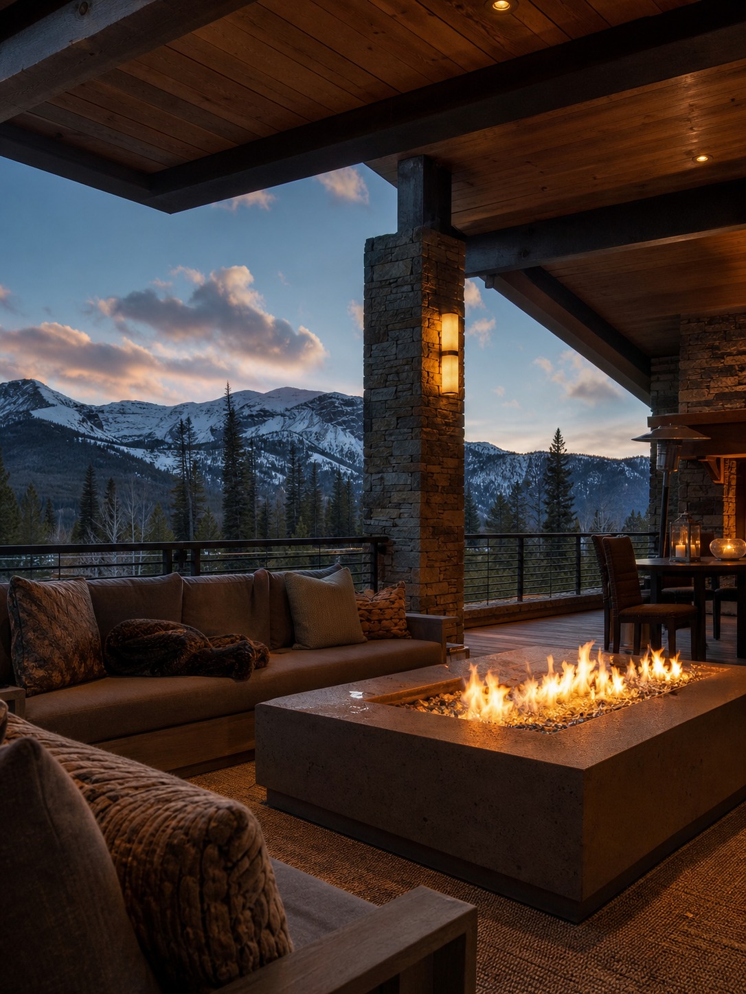 Covered outdoor living room with a linear fire pit, deep timber roof overhang, and snow-covered mountains beyond
