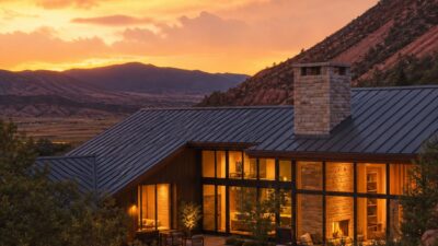 Mountain modern home at golden hour with warm light in large windows, a metal roof, stone chimney, and red rock terrain