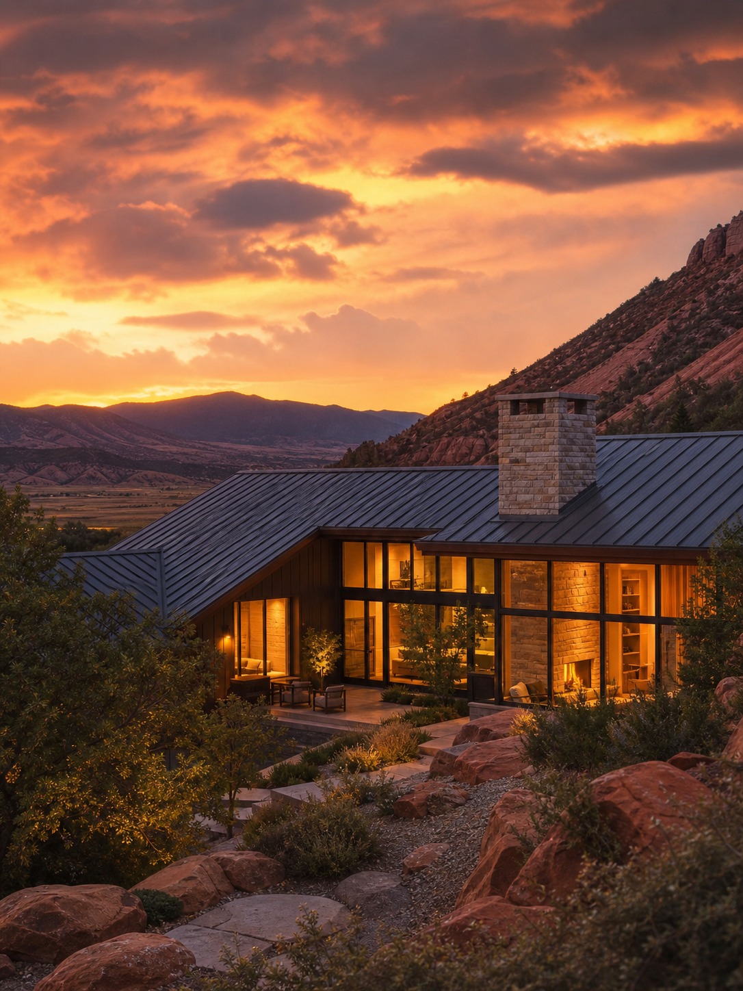 Mountain modern home at golden hour with warm light in large windows, a metal roof, stone chimney, and red rock terrain
