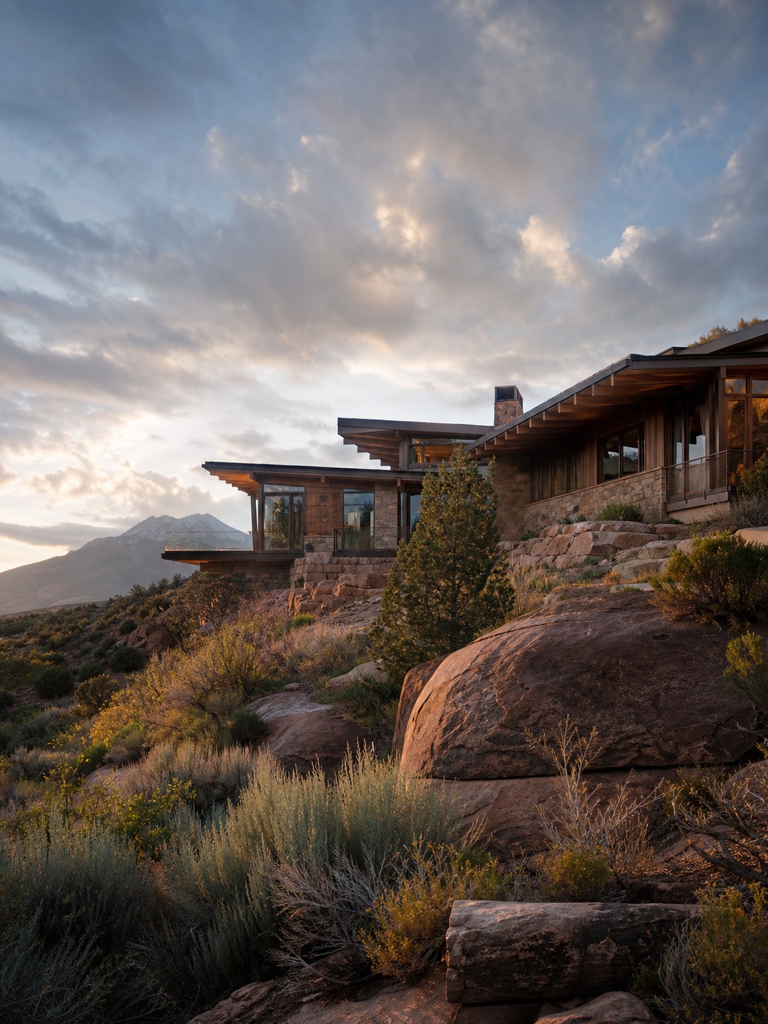 Mountain modern home with timber and stone exterior built around a natural rock outcropping and native landscaping