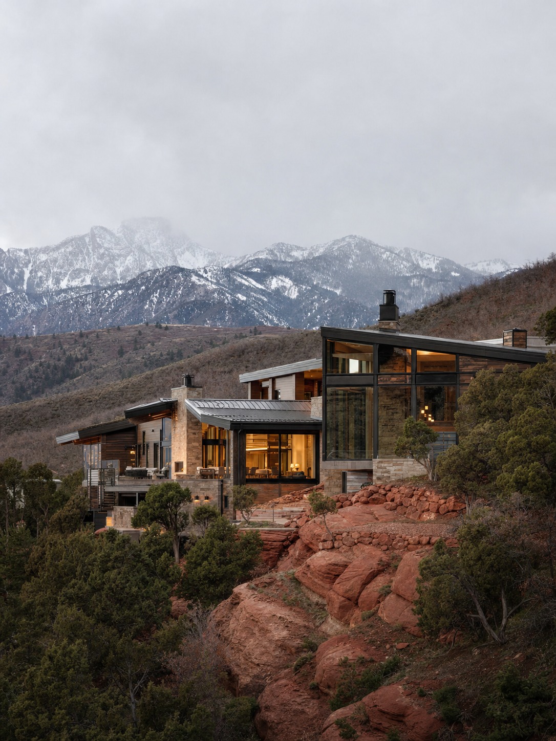 Mountain modern custom home set into rising Utah terrain with red sandstone and snow-capped peaks beyond