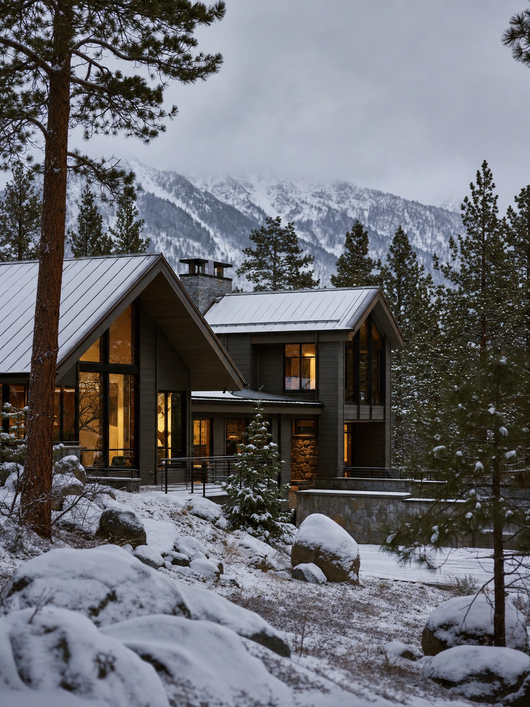 Mountain modern home in fresh snow with a standing seam roof, warm window light, and mature pine trees around it