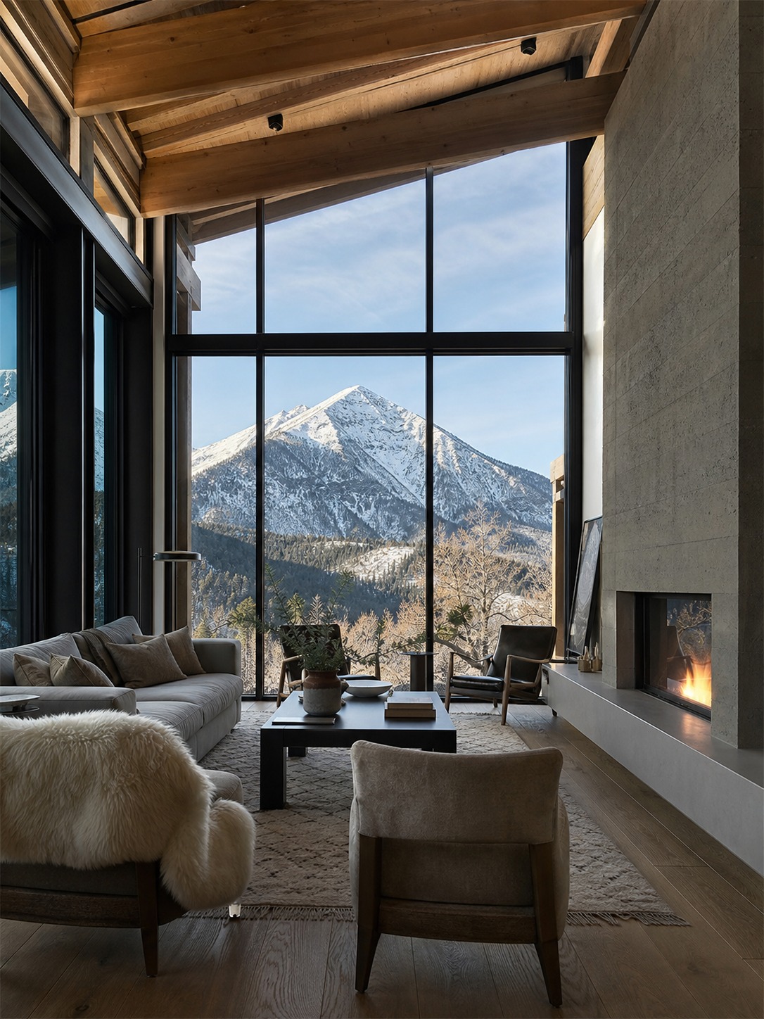 Mountain modern living room with floor-to-ceiling windows, exposed timber, wide-plank oak floors, and a mountain view