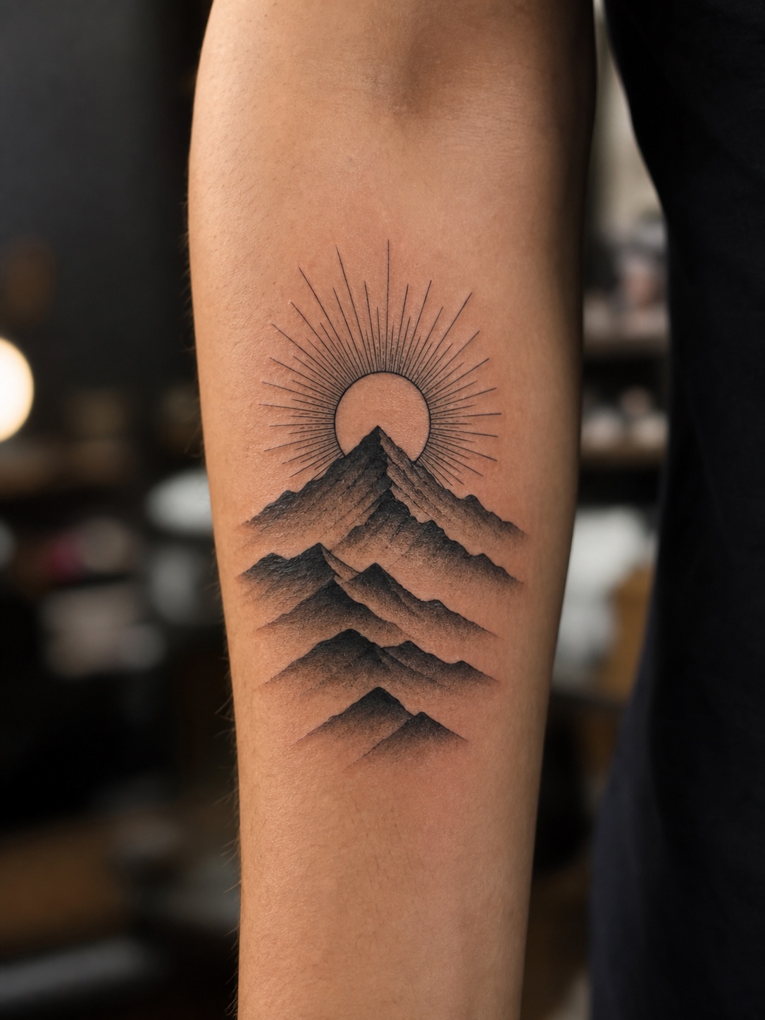 Layered mountain range and sunrise tattoo on the forearm.