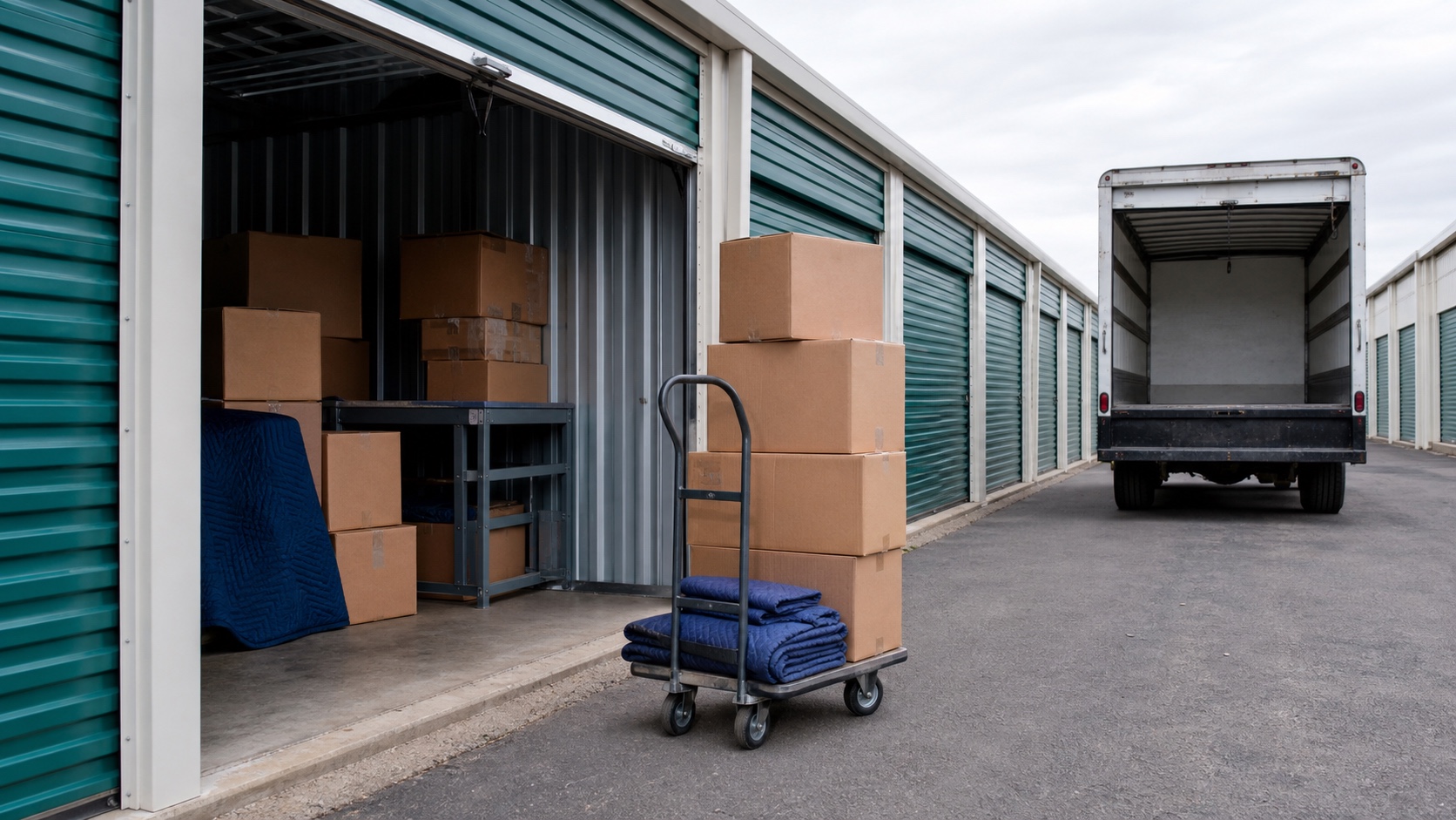 Moving boxes and blankets on a dolly beside an open self-storage unit and box truck