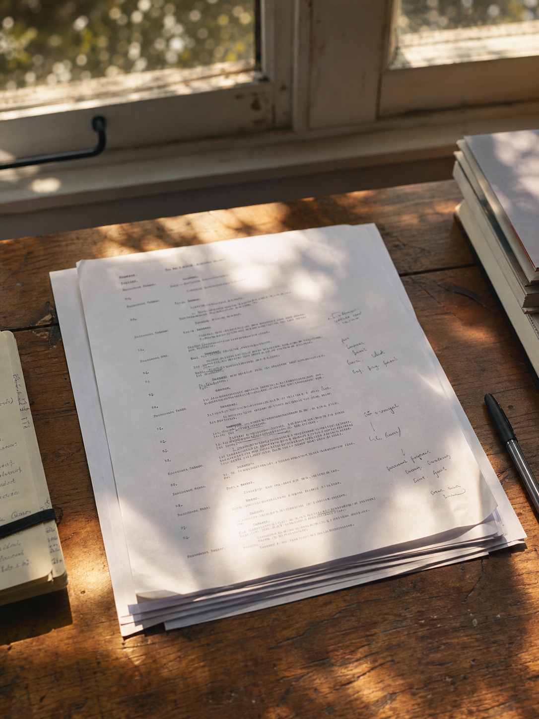 Printed multi-turn voice dialogue script with handwritten notes on a wooden desk.