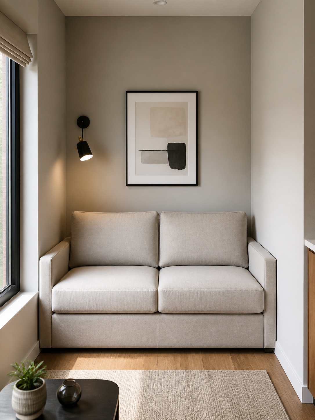 Narrow Wall Sofa Precise Fit A made-to-measure sofa fits precisely between two walls in a narrow living room alcove. | Sky Rye Design A made-to-measure sofa fits precisely between two walls in a narrow living room alcove.