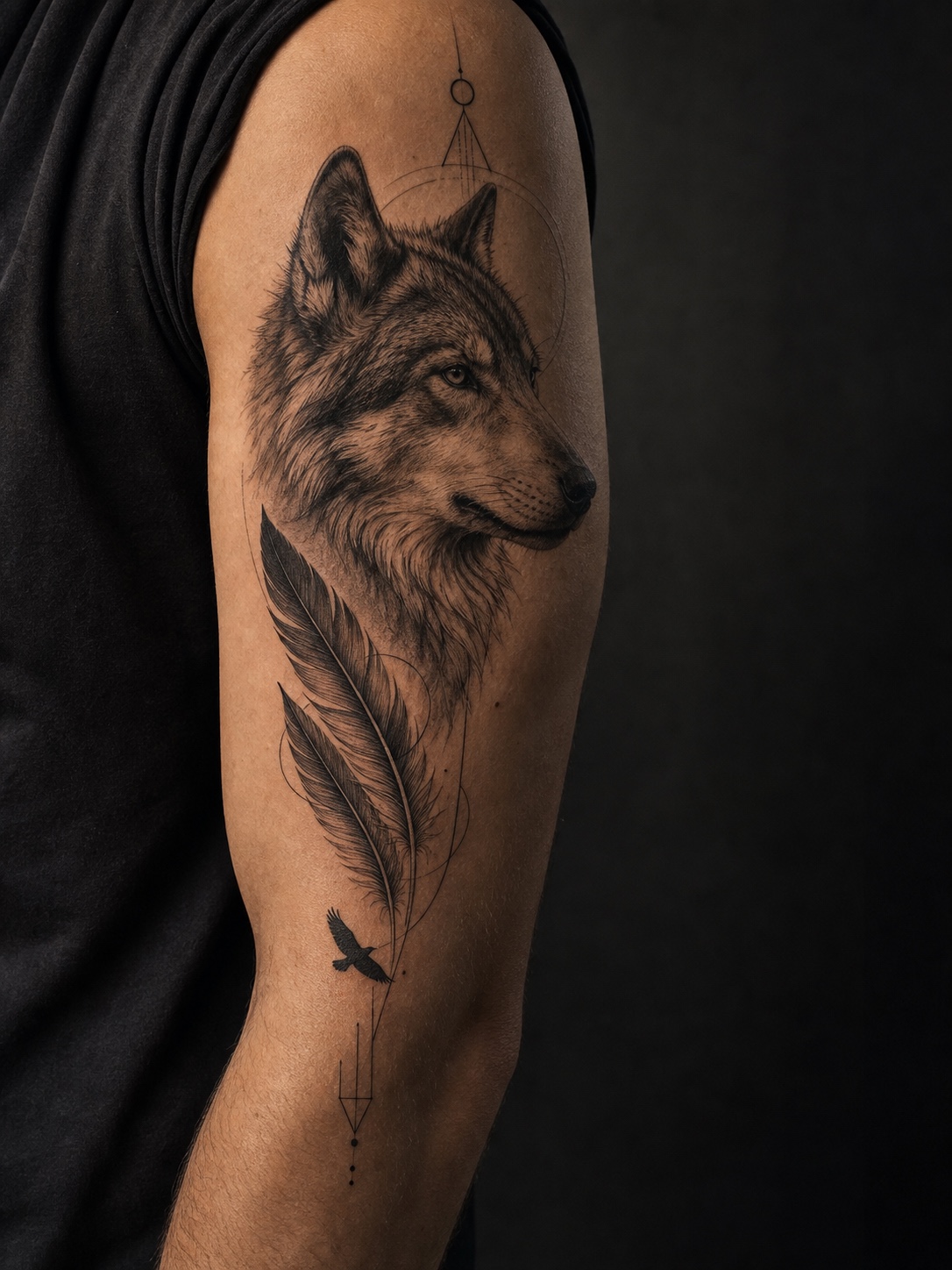 Wolf tattoo with natural feather-like elements on an arm.