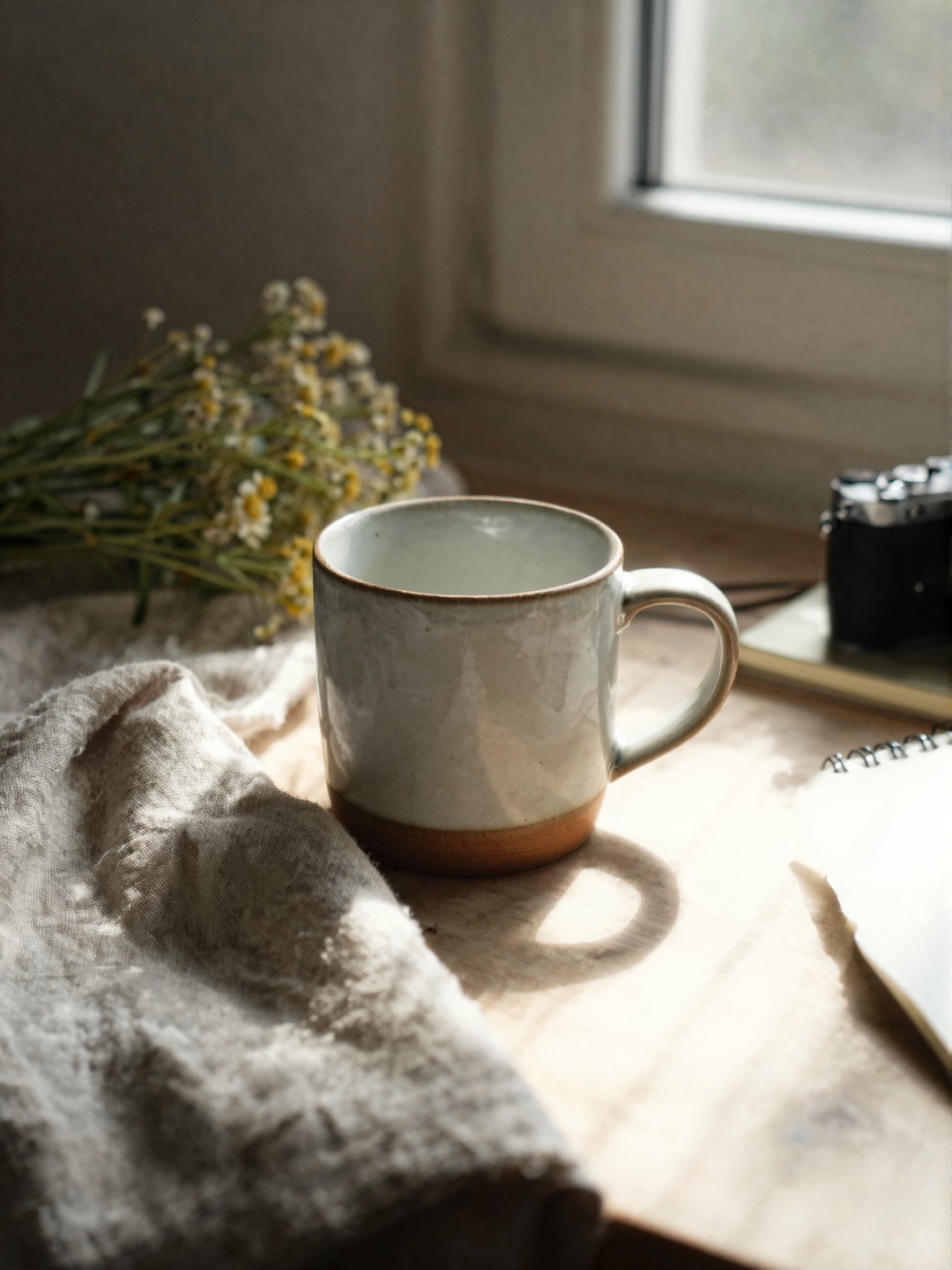 natural-light-still-life-shadows Ceramic mug on wooden table by a sunlit window with chamomile flowers, notebook and camera. | Sky Rye Design Still life natural light photography example showing direction and soft shadows